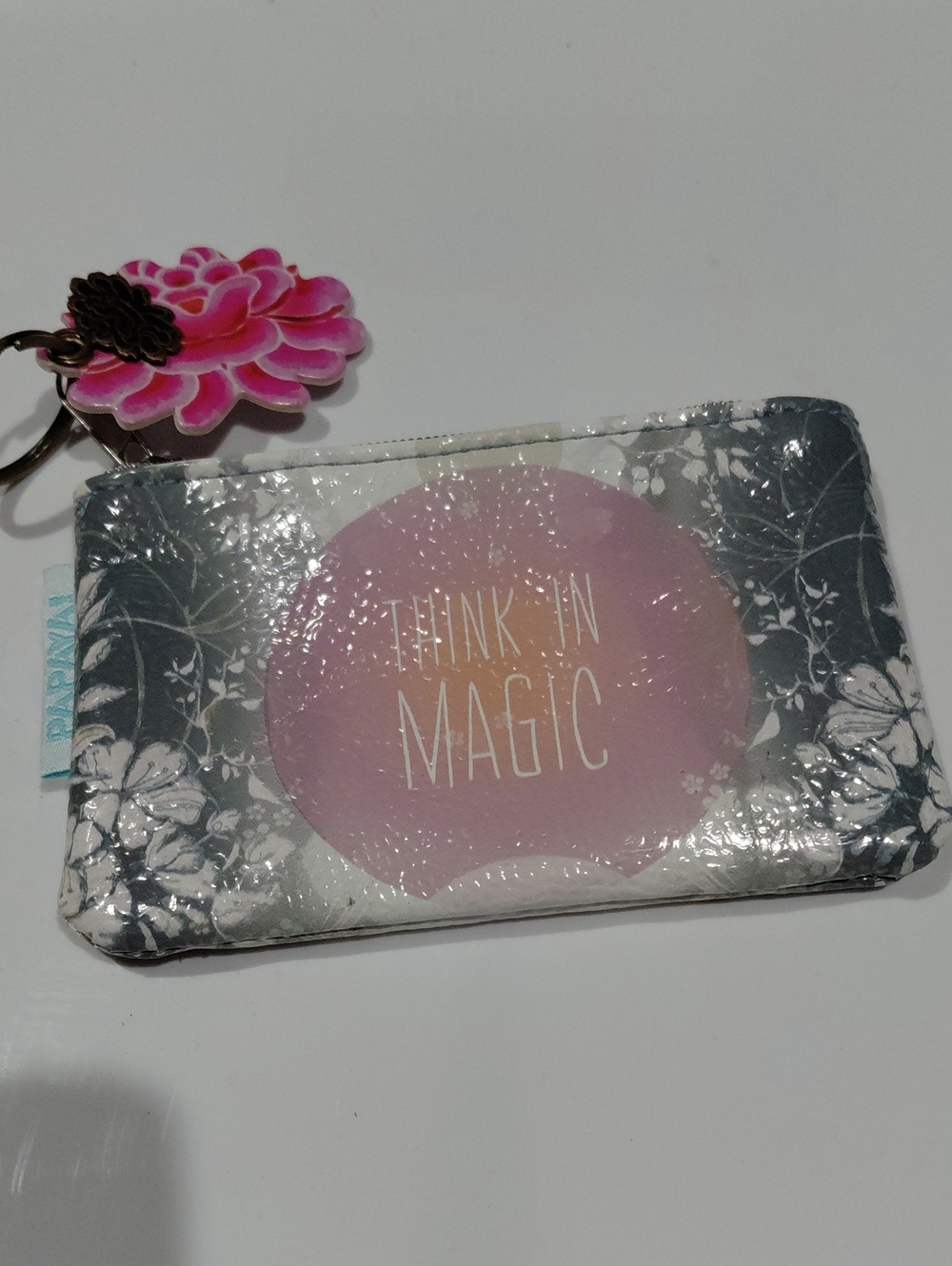 Papaya Pink Floral Mini Wallet Keychain, Coin Purse - Pink, White